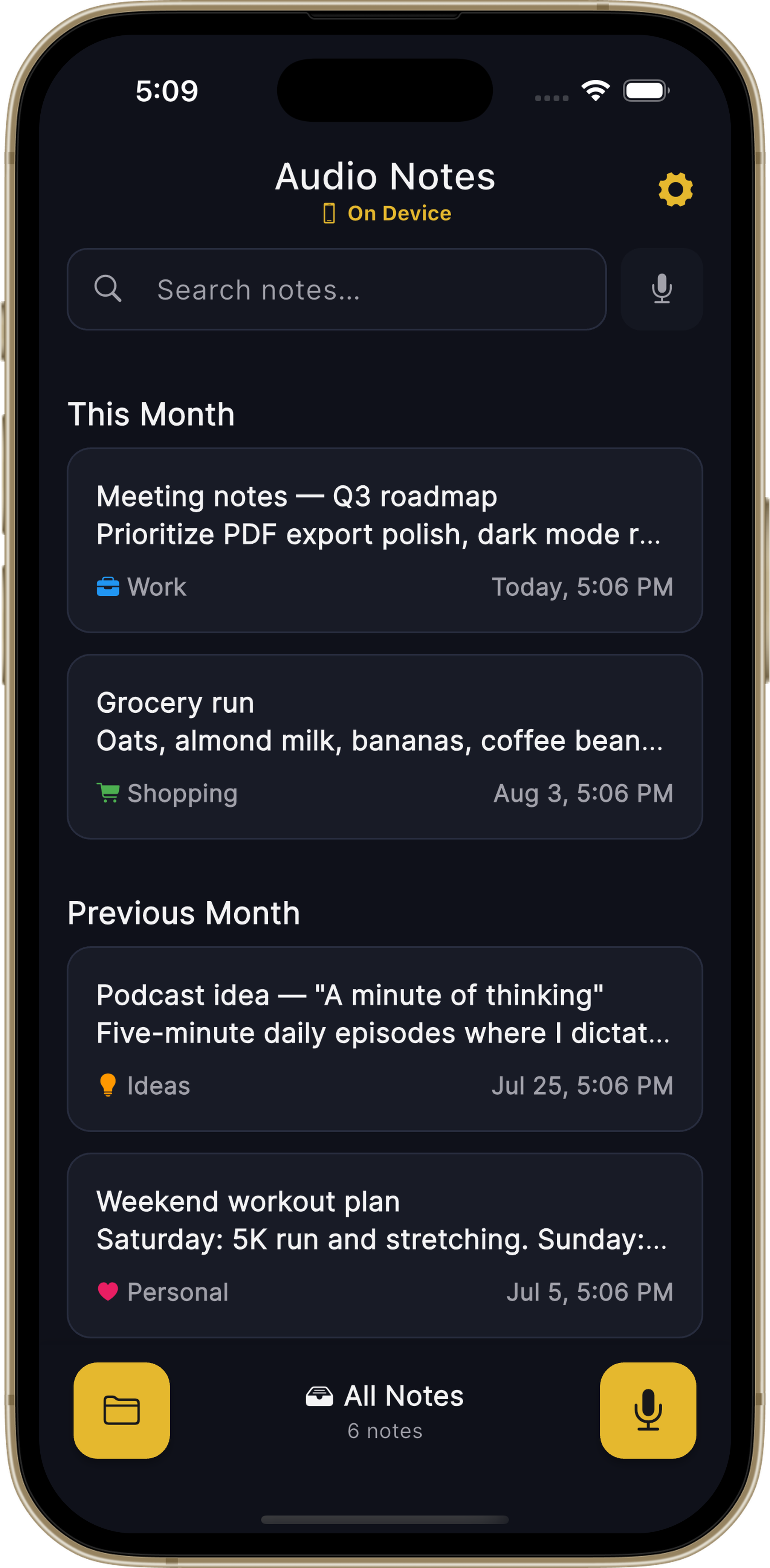 Audio Pen home screen listing recent voice notes