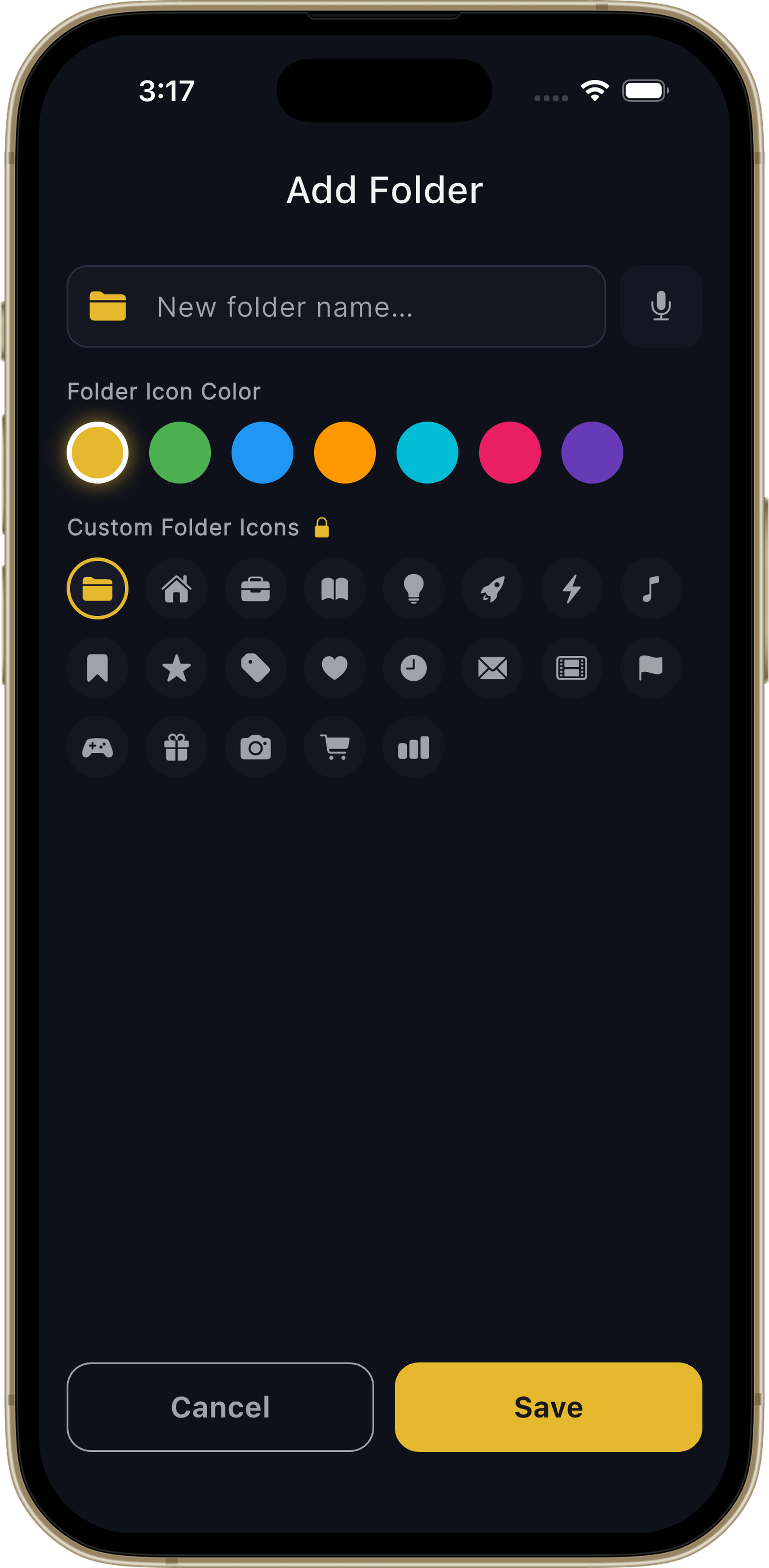 Audio Pen new folder screen for creating a folder