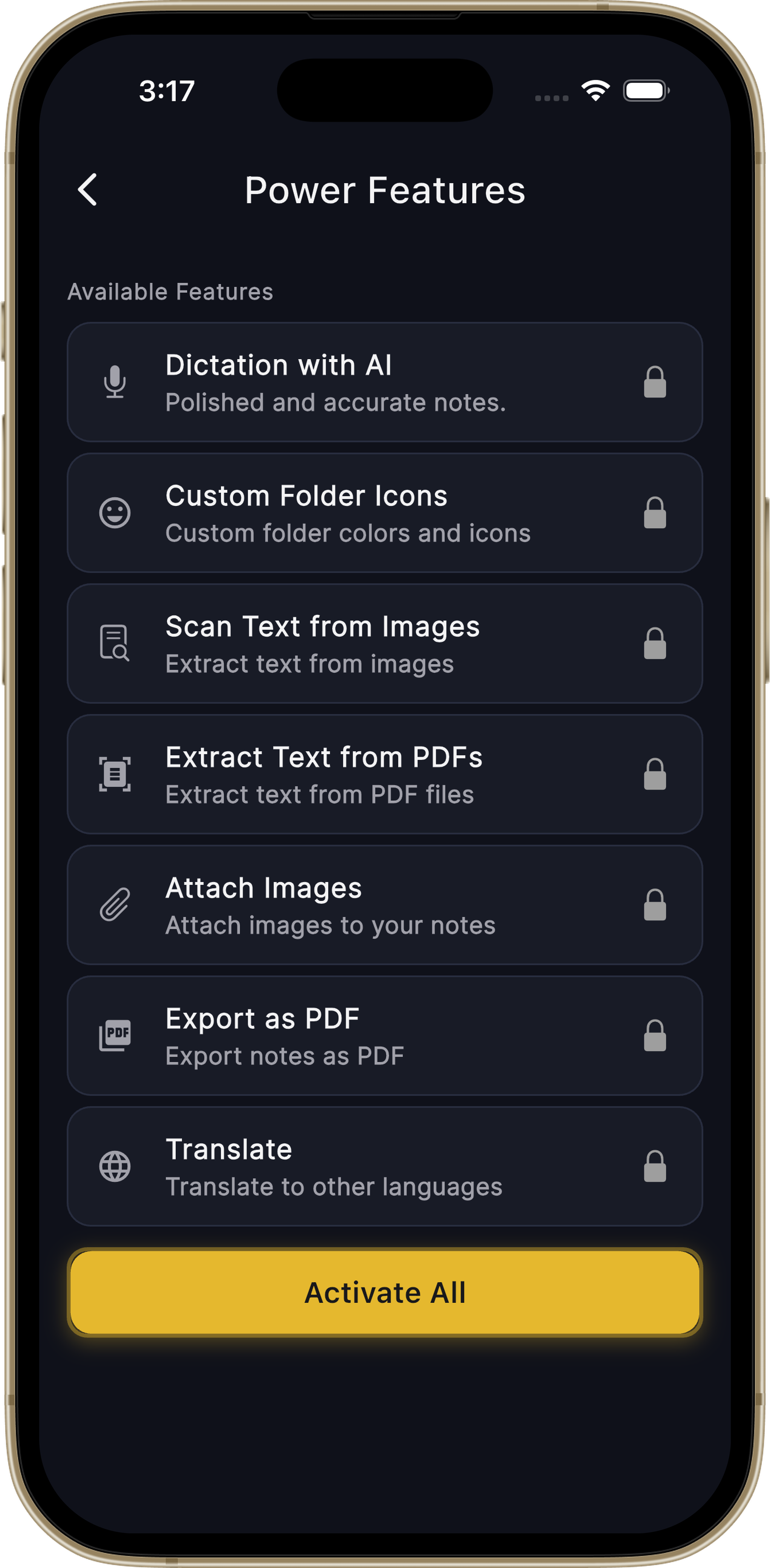 Audio Pen Power Features screen showing premium features